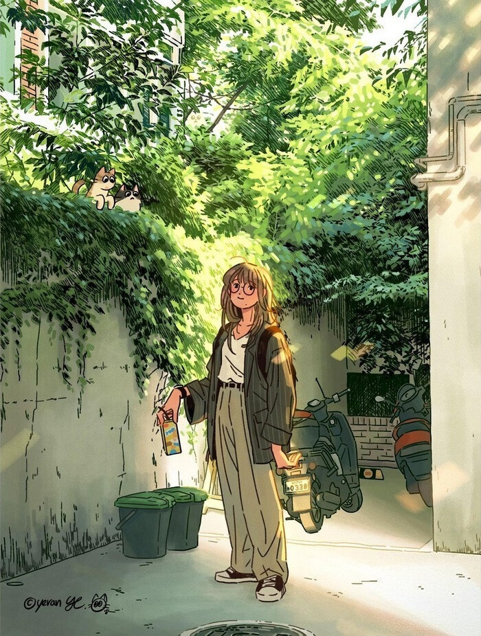 少女与猫咪插画画师99yeran作品
