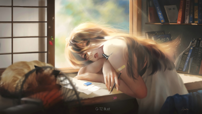 趴桌子的少女 唯美风 CG