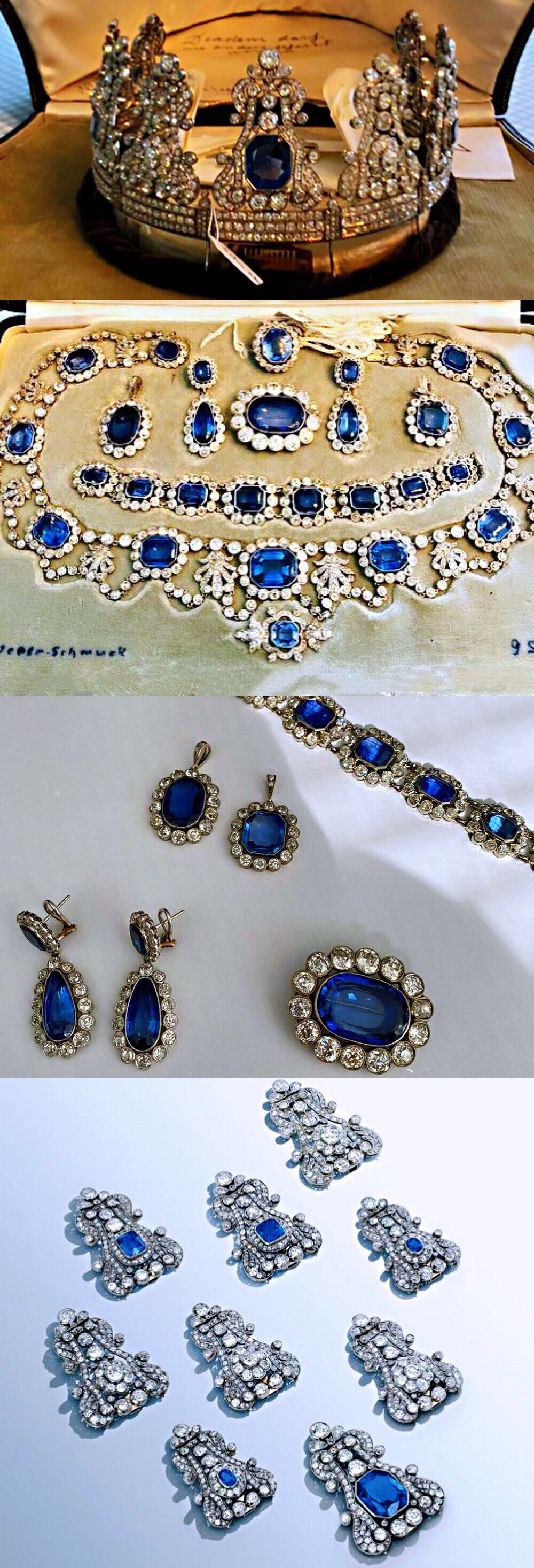 即将拍卖的霍亨索伦-西格马林根家族蓝宝石套装
包括王冠X2，项链X1，手链X1，耳环X1，胸针X2，吊坠X2，蓝宝石分别来自斯里兰卡和缅甸。