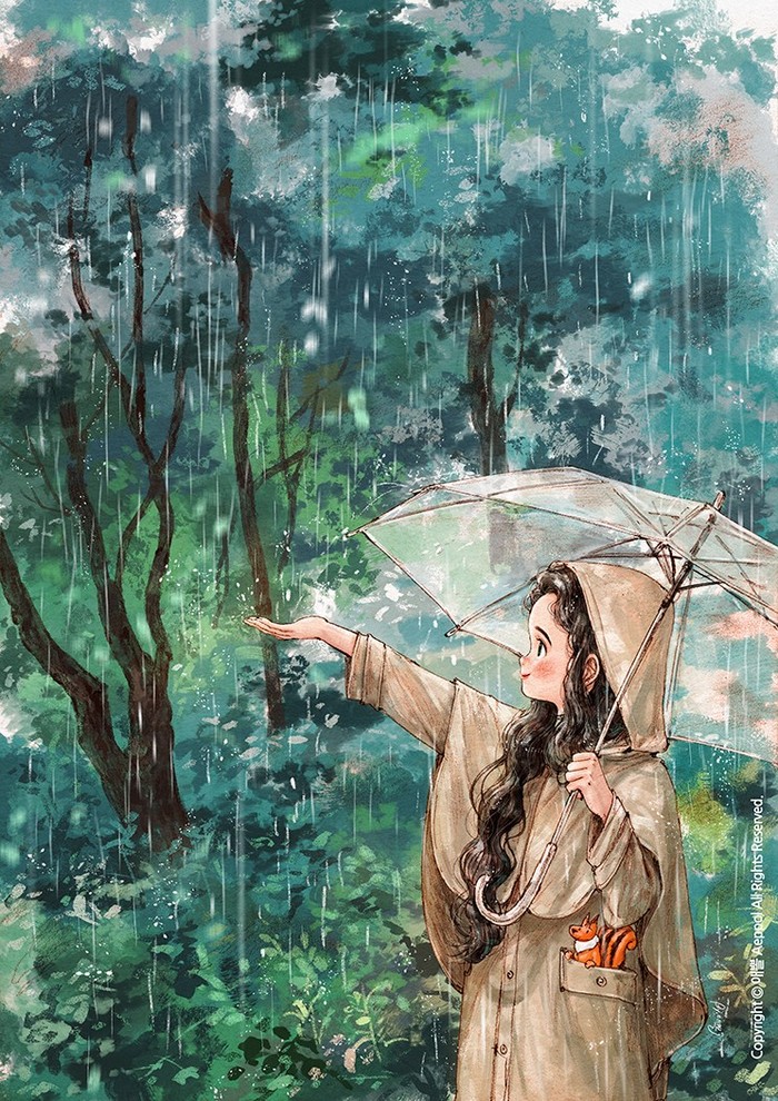 令人开心的春雨 ~ 来自韩国插画家Aeppol 的「森林女孩日记-2021」系列插画。