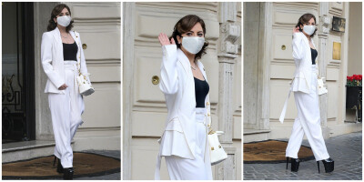 Lady Gaga现身罗马街头，白西装套装戴“钻石”口罩，搭配恨天高时髦吸睛。