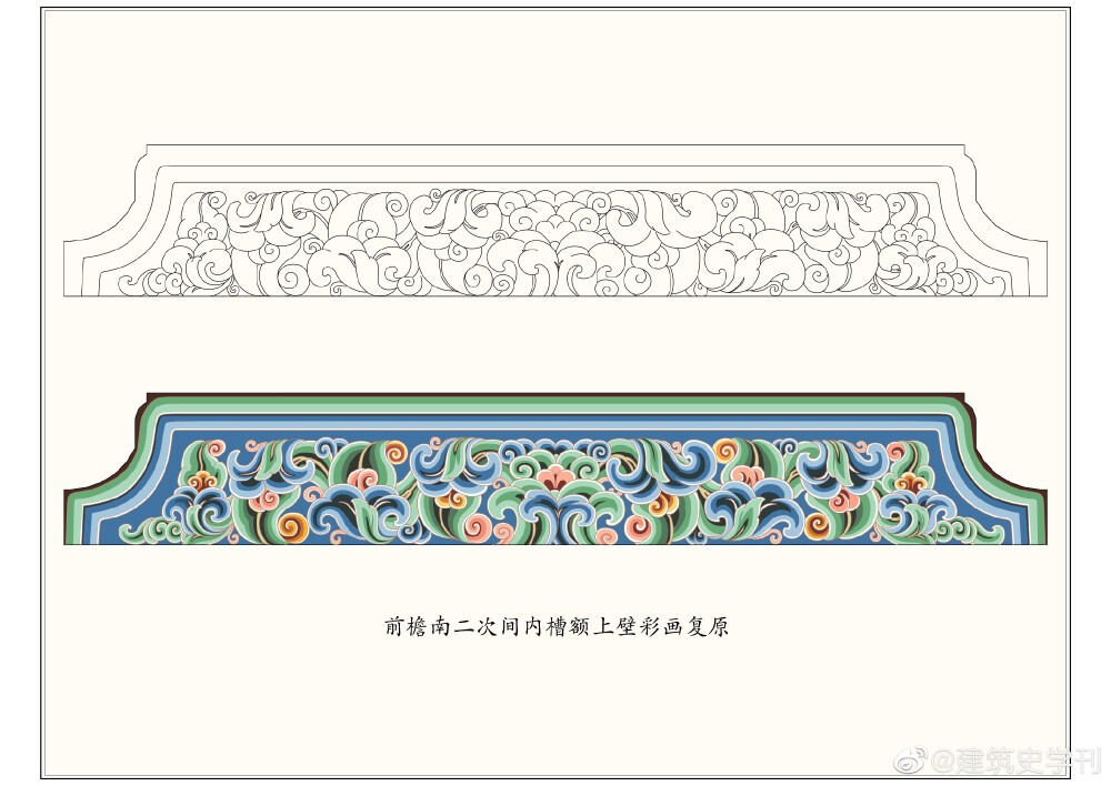 佛光寺东大殿彩画整体上属于《营造法式》彩画作制度中的“丹粉刷饰”，是唐代最经典、最普遍的一种彩画类型。斗栱彩画正面通刷土朱，边棱用白缘道，侧面和底面刷黄丹，栱等构件底面加饰白燕尾。阑额绘“七朱八白”，两端为典型的“入柱白”做法。东大殿现存唐代额上壁彩画两幅（其余均为壁画），分别位于前檐南、北二次间内槽额上壁的西侧，均为五彩遍装的卷草图
唐代官式建筑的赤白彩画简洁浑朴又细节精妙，艺术效果鲜明宏丽，是唐代最为经典的彩画样式，对辽宋彩画有深远的影响@建筑史学刊