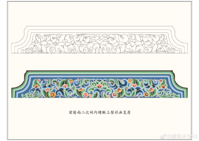 佛光寺东大殿彩画整体上属于《营造法式》彩画作制度中的“丹粉刷饰”，是唐代最经典、最普遍的一种彩画类型。斗栱彩画正面通刷土朱，边棱用白缘道，侧面和底面刷黄丹，栱等构件底面加饰白燕尾。阑额绘“七朱八白”，…