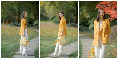 佟丽娅身穿简约黄色西装搭配浅杏色针织套装，干练大气，尽显优雅姿态，清爽的春日气息，惬意舒适，自在的午后时光。