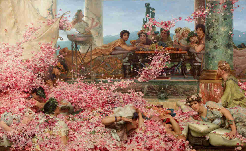 The Roses of Heliogabalus, Lawrence Alma-Tadema 《埃拉加巴卢斯的玫瑰》 维多利亚时期画家劳伦斯·阿尔玛·塔德玛的经典画作。画中如瀑布般的玫瑰花瓣，涌进古罗马的宫廷盛宴，人们被掩盖于玫瑰雨下，只为满足皇帝的私欲。远处的酒神雕像，象征着欢乐与欢愉