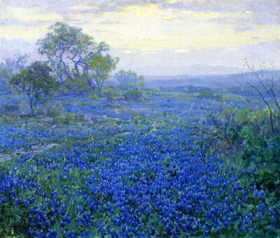 美国印象派画家Robert Julian Onderdonk（1882-1922）一生经济状况不佳，40岁于故乡德克萨斯州离世，留下大量油画作品，关于他眼中故乡的蓝色矢车菊