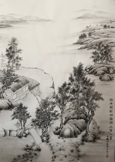 临水开轩，四面湖山皆入画。妙行居士山水画作品