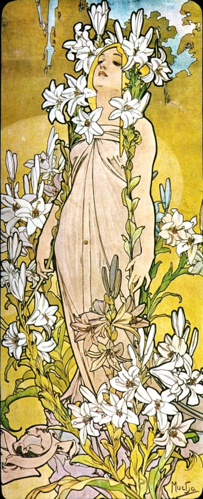 “花-百合（1898）”
“花-玫瑰（1898）”
Alfons Maria Mucha（1860年7月24日至1939年7月14日）是捷克画家，插图画家和图形艺术家。