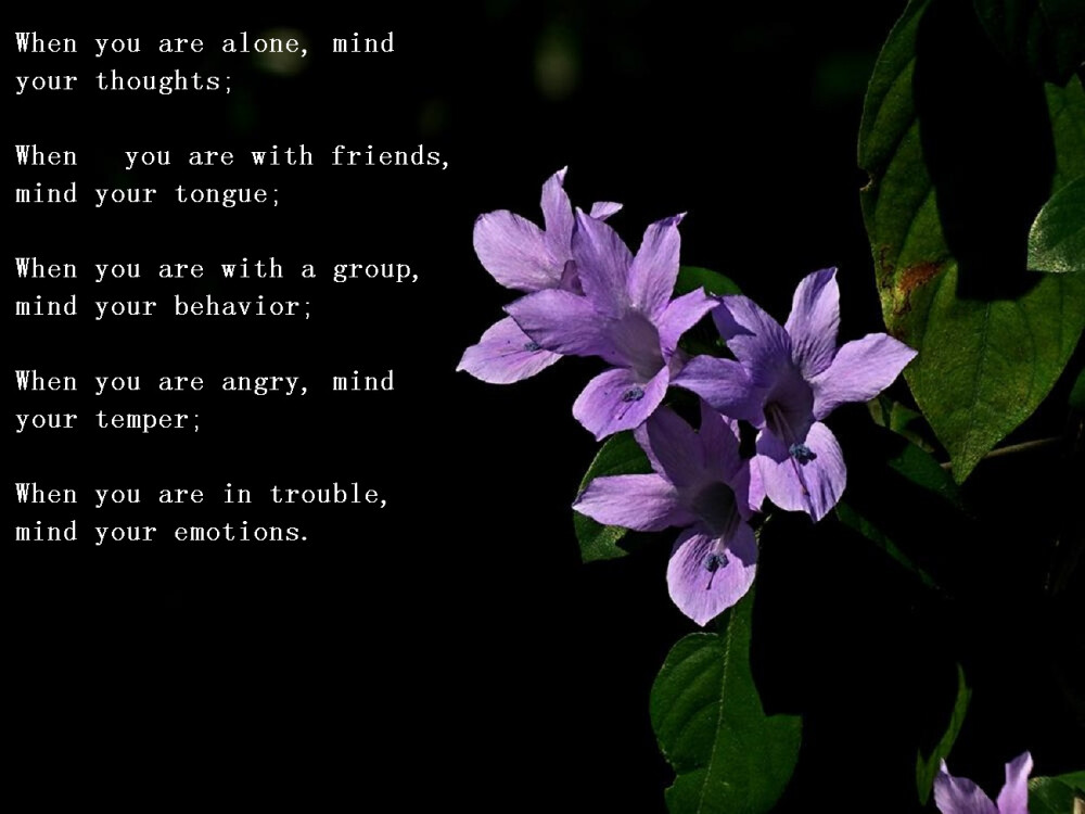 When you are alone, mind your thoughts;
When​ you are with friends, mind your tongue;
When you are with a group, mind your behavior;
When you are angry, mind your temper;
When you are in trouble, mind your emotions.