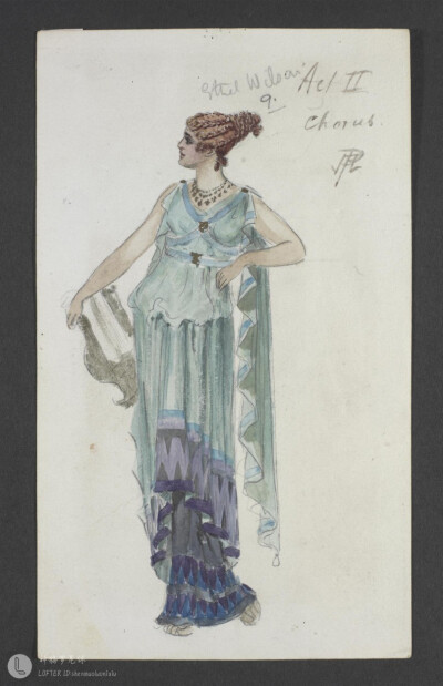 于1896年上演的《The Grand Duke》中第二幕的戏中戏《Troilus and Cressida》里的服装设计图，出自英国舞台设计师Percy Anderson之手。