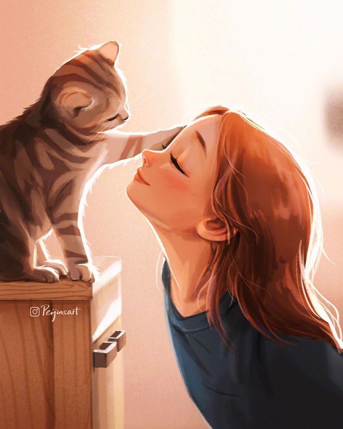 少女与猫 温暖治愈 ~ 插画 peijinsart