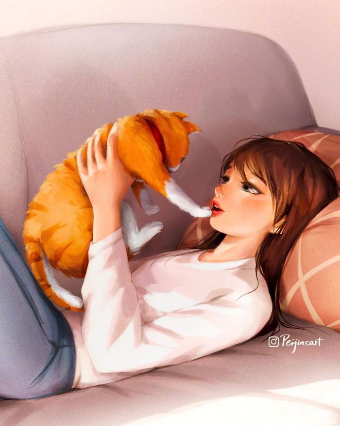 少女与猫 温暖治愈 ~ 插画 peijinsart