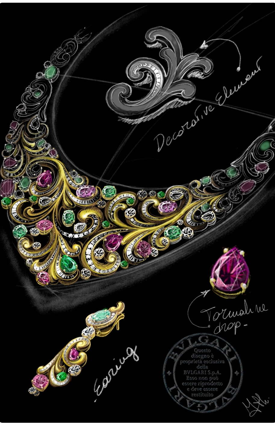  Lady Arabesque 项链来自 BVLGARI 2020年的「Barocko」高级珠宝系列，灵感汲取自17世纪「巴洛克」（Baroque）时期充满代表性的藤蔓花纹图案，设计师大胆运用缤纷的彩色宝石，碰撞呈现绚烂而瑰丽的色彩组合，如同蕴藏的蓬勃自然生命力。
