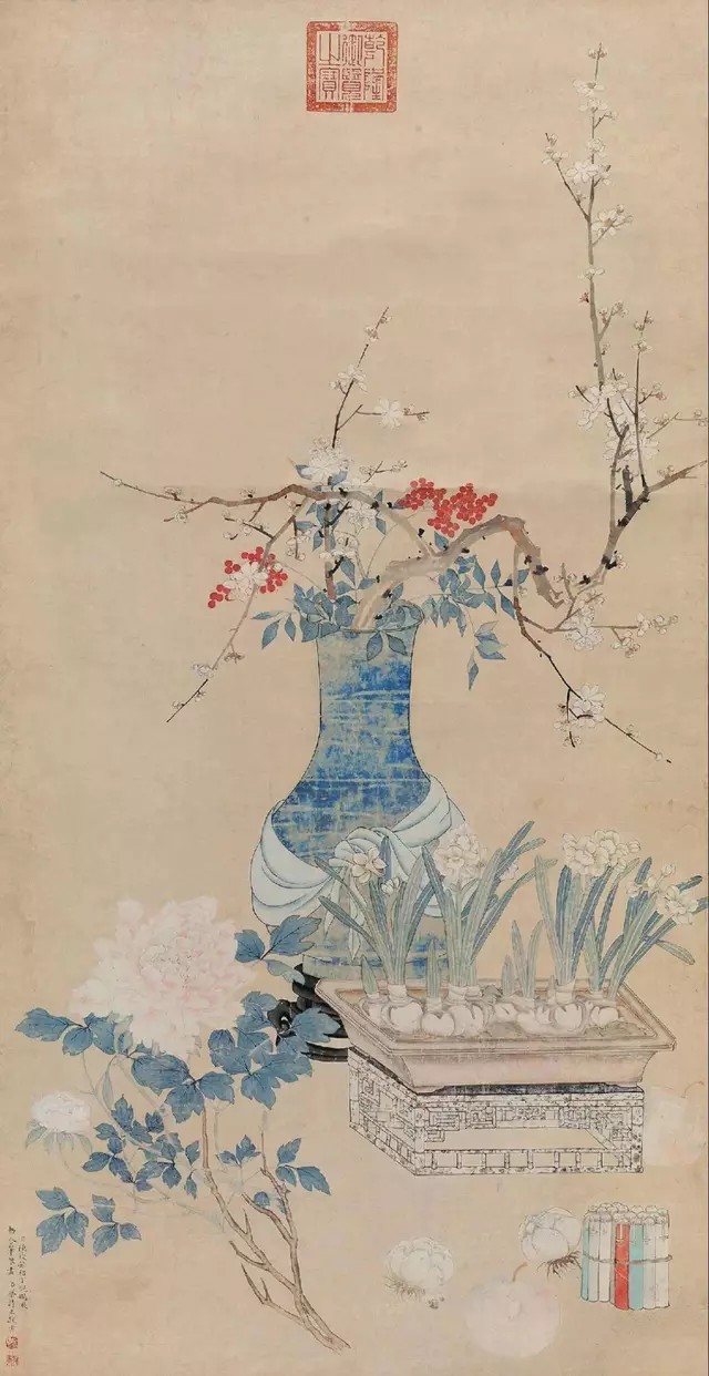 [清代]陳枚《歲兆圖》，紙本設色，121×62cm。私人藏品。