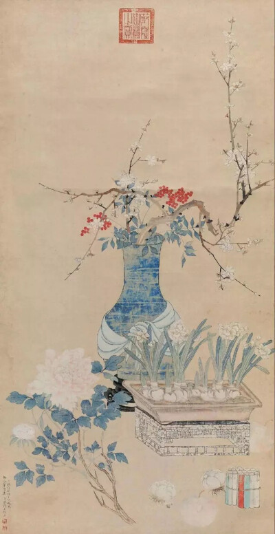 [清代]陳枚《歲兆圖》，紙本設色，121×62cm。私人藏品。