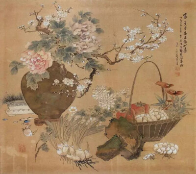 [清代]蘭亭翁《歲朝清供圖》，紙本設(shè)色，70×79cm。私人藏品。