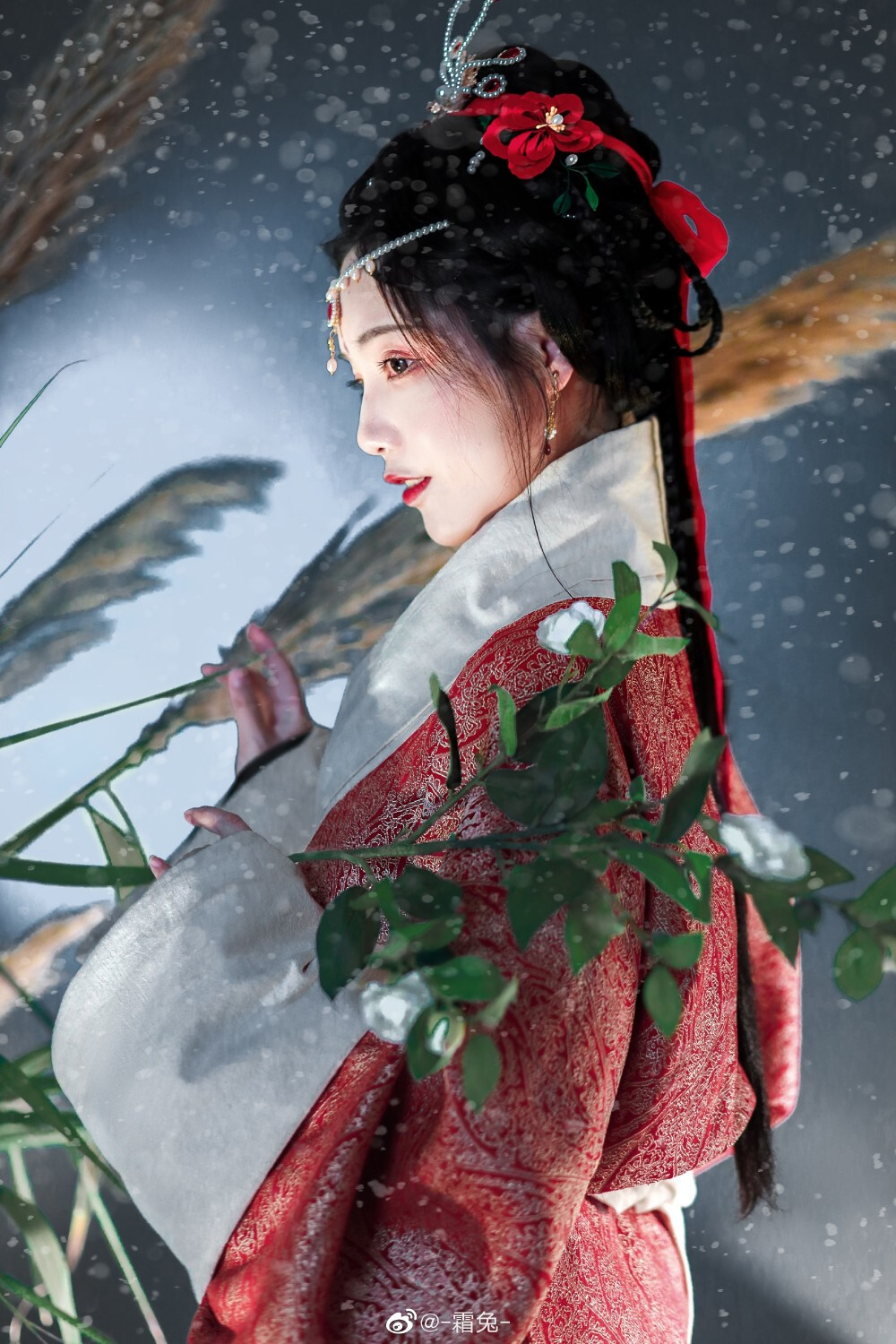 #二十四节气##大雪#
第二十一个节气：大雪
燕支长寒雪作花，蛾眉憔悴没胡沙。
摄影丨@Real南又瓜
妆造丨@羽依蜻蜓
曲裾丨@花下有期汉服工作室
斗篷丨@子颂东方美学游园惊梦
出镜丨@-霜兔- ​