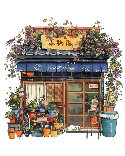 鲜花和绿植簇拥的街边小屋 ~ 插画 angelahao_art