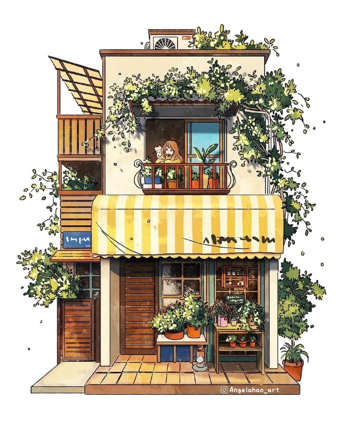 鲜花和绿植簇拥的街边小屋 ~ 插画 angelahao_art