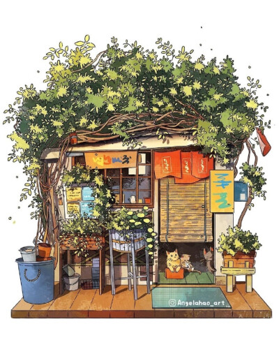 鲜花和绿植簇拥的街边小屋 ~ 插画 angelahao_art