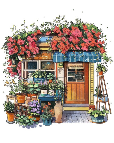 鲜花和绿植簇拥的街边小屋 ~ 插画 angelahao_art