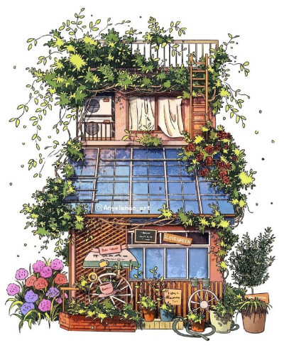 鲜花和绿植簇拥的街边小屋 ~ 插画 angelahao_art