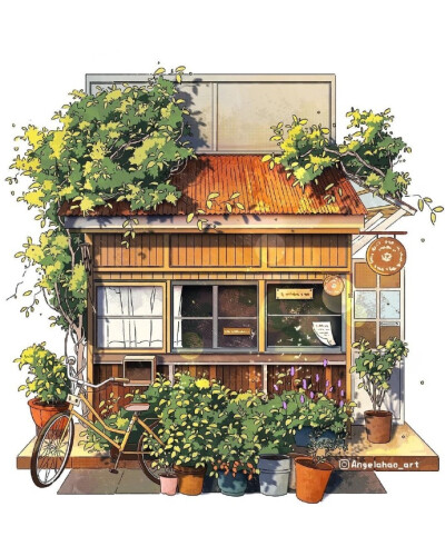 鲜花和绿植簇拥的街边小屋 ~ 插画 angelahao_art