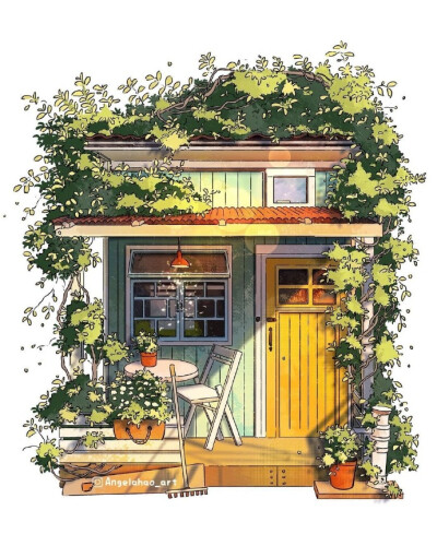 鲜花和绿植簇拥的街边小屋 ~ 插画 angelahao_art