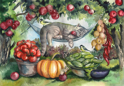 猫插画 俄罗斯画师Plovetskaya Tatiana-pleval插画作品