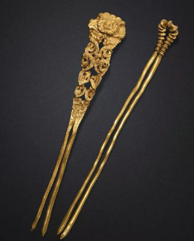 【金镂空牡丹龙纹簪】【金竹节纹簪】