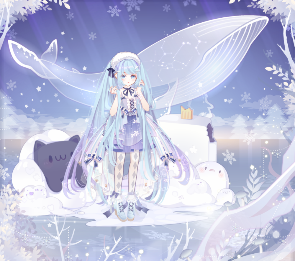 老实说我没想到这件上衣跟腰带的效果那么好，不过裙子很难找就对了qaq
梦梦蛾的帽子不错，深紫色的蝴蝶结正好贴合衣服的元素✓
追光者的头发自带手，正好省了找手姿的环节x
雪糕这个表情真的很可爱，而且很百搭，非常推荐入手_(:з」∠)_
繁星如梦的鞋子蓝紫色系刚刚好，并且跟头发的渐变呼应。
雪糕背饰和凛冬之龙背景搭配起来很有冬日气息，真不错w