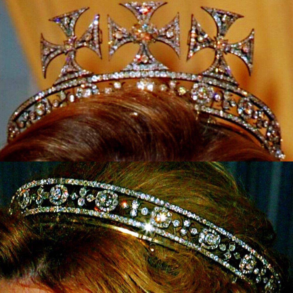 Queen Alexandra’s Maltese Circlet 这顶华丽的钻石环形头冠是1910年加纳德珠宝行为孀居的亚历山德拉王后制作的。环形的钻石底座上安置着四个相互交替的马耳他十字和四个钻石鸢尾花，也是可以随意拆卸的。1925年亚历山德拉王后去世后这顶头冠由她的小女儿挪威王后莫德继承，之后莫德取下了上面四个钻石鸢尾花，后来佩戴着四个马耳他十字的版本出席了侄子乔治六世1937年的加冕典礼。1938年莫德去世后就在挪威王室一代代传，传到现在宋雅王后的时候，多数情况见到她佩戴出境的都是钻石底座的版本、也有把三个马耳他十字安在底座上的版本，余下的一个马耳他十字则作为胸针佩戴。