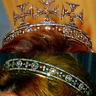 Queen Alexandra’s Maltese Circlet 这顶华丽的钻石环形头冠是1910年加纳德珠宝行为孀居的亚历山德拉王后制作的。环形的钻石底座上安置着四个相互交替的马耳他十字和四个钻石鸢尾花，也是可以随意拆卸的。1925年亚…