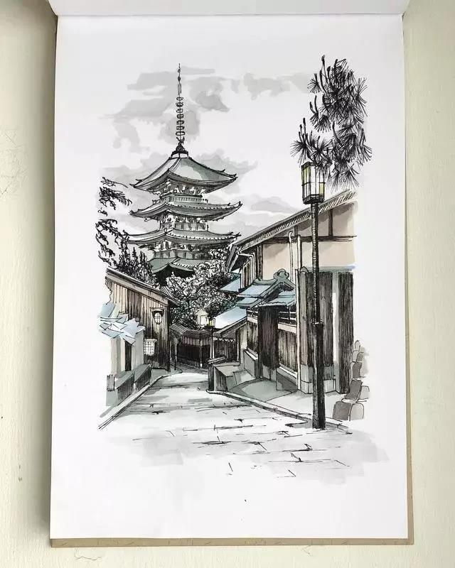 超赞的马克笔街景建筑手绘插画~作者： lena.leshko 