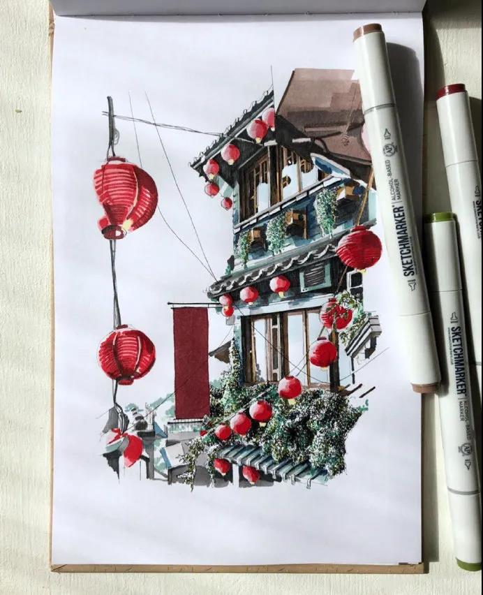 超赞的马克笔街景建筑手绘插画作者lenaleshko