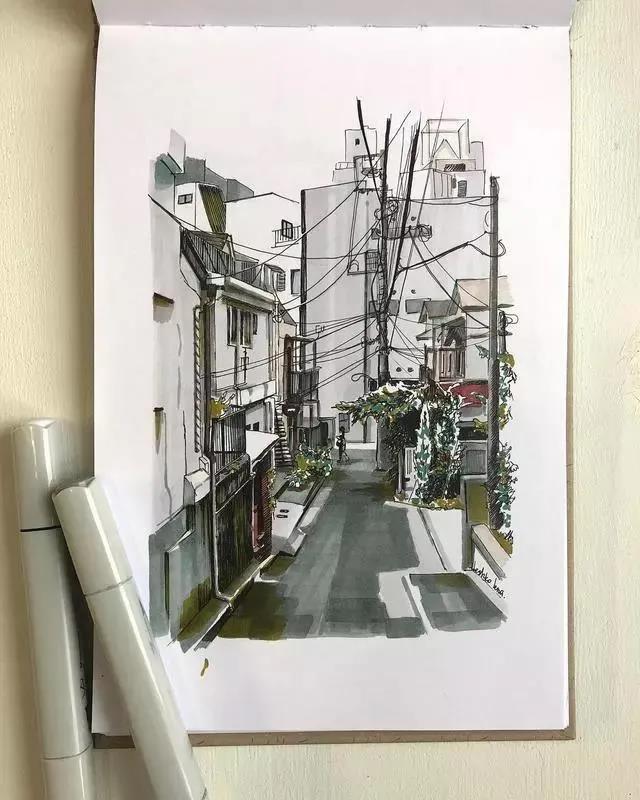 超赞的马克笔街景建筑手绘插画~作者： lena.leshko 