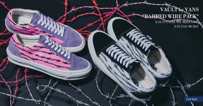 Vault by Vans 全新 Barbed Wire 主题鞋款登场，鞋型为 Old Skool NS OG LX，鞋面装饰有手绘风的带刺铁丝图案，共两个配色，分别是黑白和粉紫