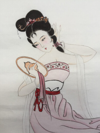 《理妆仕女图·娇瑜》
理云髻、弄芳容，粉妆玉琢娇欲滴。
纸本设色 46cm×34.5cm
画者：黄丽燕，号禾沐。
国画&仕女画&工笔&人物