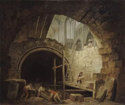 这一幅来自法国画家休伯特·罗伯特（Hubert Robert）的画作表现了1793年圣丹尼斯教堂遭受的浩劫，不光宝贝被摧毁，历代法王的安宁也被打破