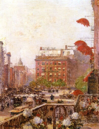 百老汇和第五大道街景/ Frederick Childe Hassam/1890年