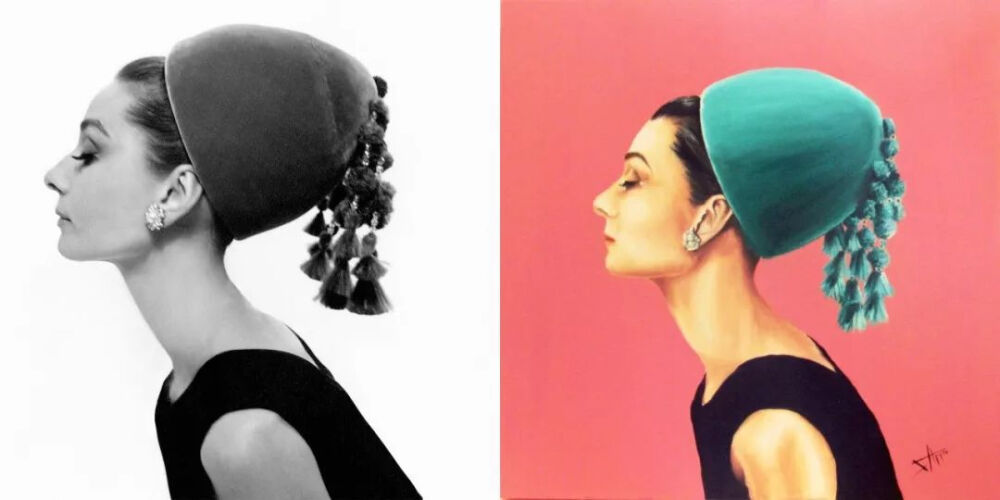 赫本为Vogue拍摄封面照时佩戴的Givenchy湖蓝流苏帽。