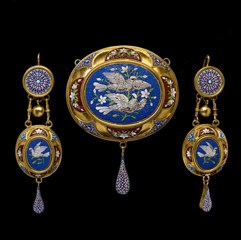 18K金耳环胸针伊特鲁里亚复兴风格马赛克珠宝套装/罗马/约1850年