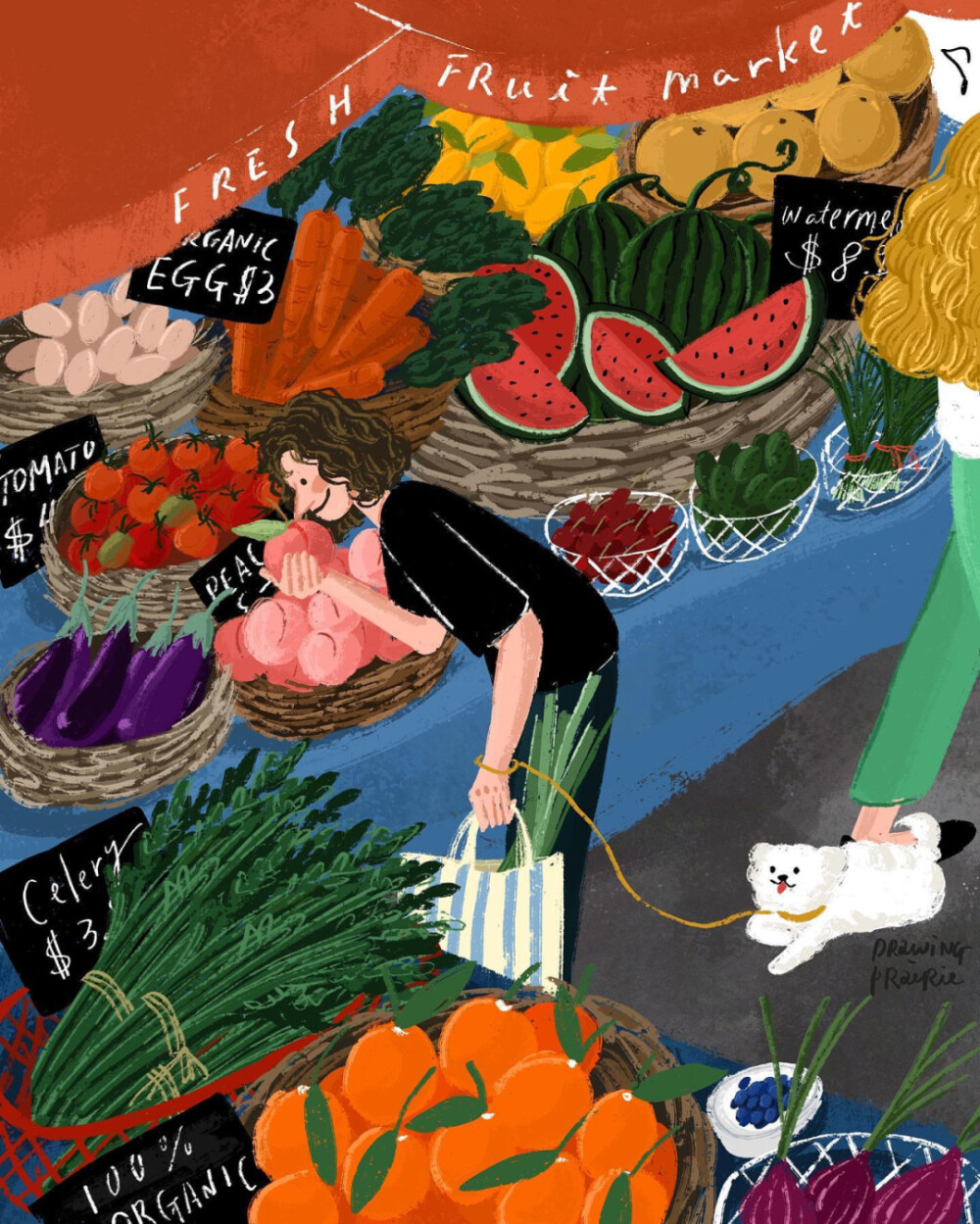 075辑“宠爱”韩国插画师drawingprairie|||“黄油”是画家的萌宠狗狗，
总是寸步不离伴随主人左右。
爬山、跑步、游泳、作画、烘焙、购物…
大多幸福生活的日常画作里，
都少不了它软糯可爱的小身影。
虽然因为收养的小狗老si害怕失去与别离，
却又更想养狗了……