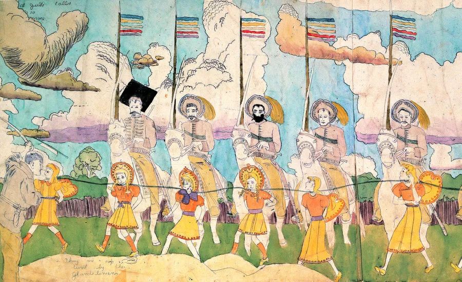 Henry Darger（1892-1973），一名默默无闻的看门人和洗碗工。
在他离世前，房东在其公寓发现了大量艺术创作：超过350幅的水彩、拼贴、速写；3本手工装订的巨幅画册、7本小说、数千捆文字手稿……
