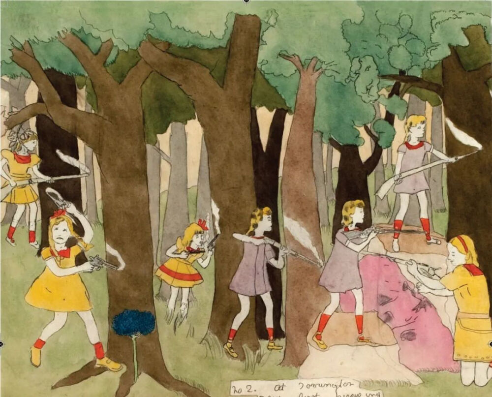 Henry Darger（1892-1973），一名默默无闻的看门人和洗碗工。
在他离世前，房东在其公寓发现了大量艺术创作：超过350幅的水彩、拼贴、速写；3本手工装订的巨幅画册、7本小说、数千捆文字手稿……
