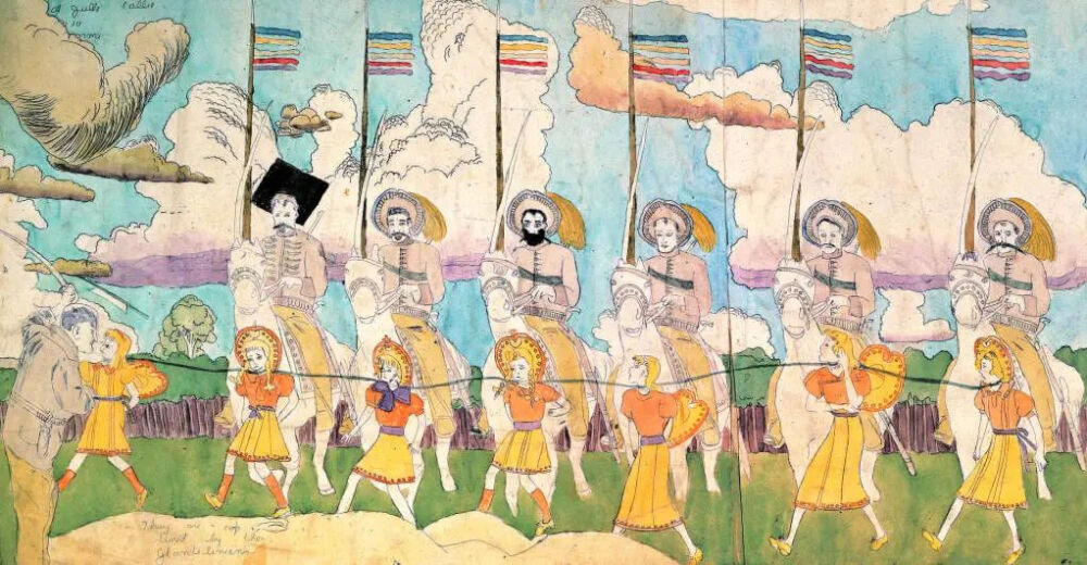 Henry Darger（1892-1973），一名默默无闻的看门人和洗碗工。
在他离世前，房东在其公寓发现了大量艺术创作：超过350幅的水彩、拼贴、速写；3本手工装订的巨幅画册、7本小说、数千捆文字手稿……
