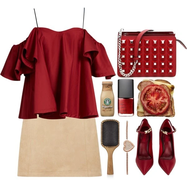 A fashion look from January 2017 featuring red crop top, mini skirt and pointed-toe pumps. Browse and shop related looks.