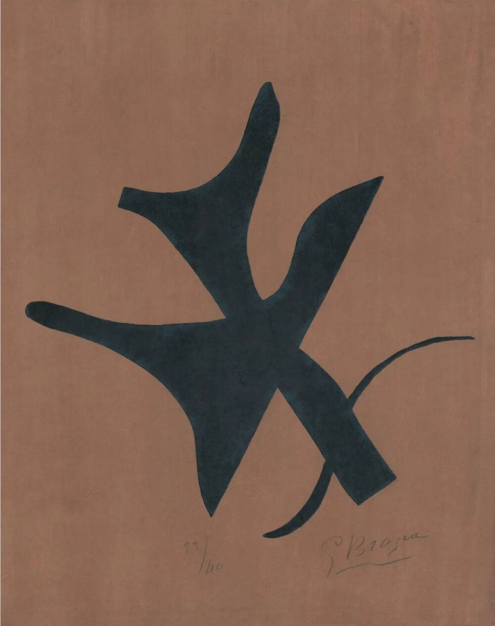 乔治· 勃拉克
棕色背景的绿鸟
46.5 x 36.5 cm
彩色木刻版画
33/40
1962
