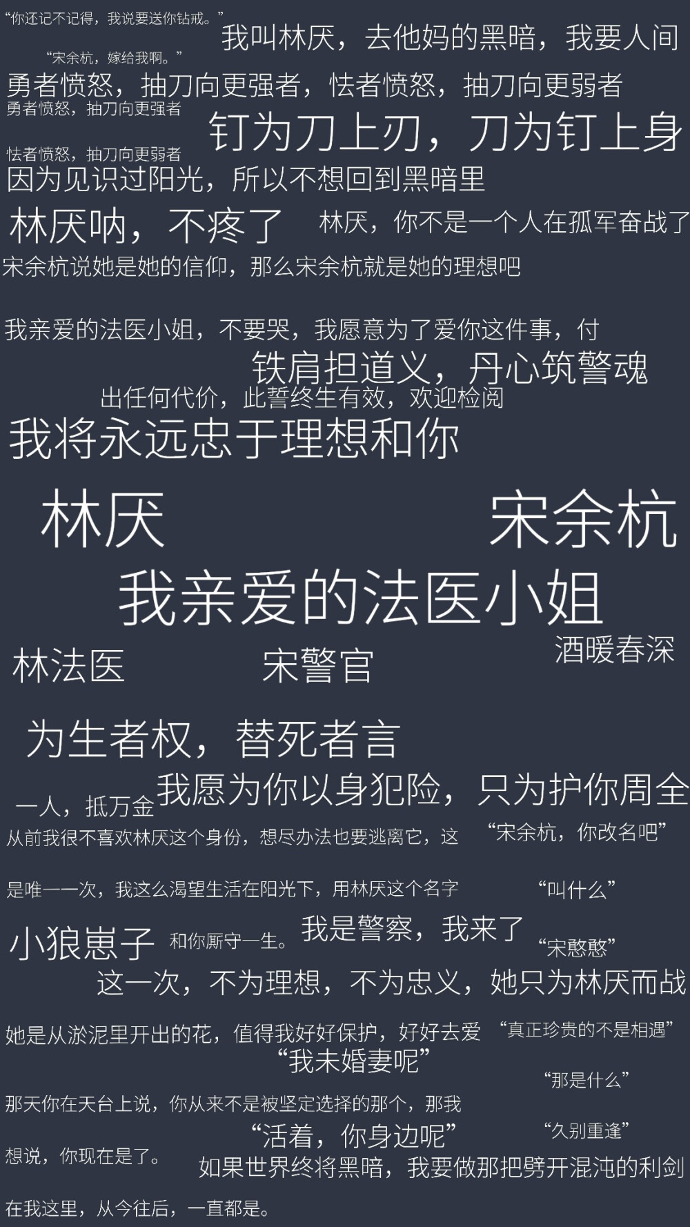 《我亲爱的法医小姐》
“为生者权，替死者言”
“我将永远忠于理想和你”