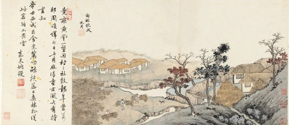 【沈周 明 《马嵬八景图》】
沈周《马嵬八景》绢本，设色，纵35cm，横811cm，原为册页后改制为卷。：《马嵬八景册》，每一页写一景，依次为“马嵬故垒”、“杨妃荒冢”、“地涌双泉”、“园栽丛韭”、“金城古迹”、 “宝寺晨钟”、“北原春意”、“南亩秋成”， 每页皆有姚绶题诗，册后有钱溥书《马嵬八景诗序》。
马嵬，是陕西省咸阳市兴平市辖镇，地处关中腹地。晋太元十八年（公元393年），朝廷委派名叫“马嵬”的地方武官，率众筑城，固守疆土而得名。
马嵬故垒。沈周。避难曾捄土筑城，昔年前月照孤营。时移莫泯相传迹，身死长留不朽名。睥睨倾颓春草徧，鸟鸦飞散暮云平。公令屏翰当清世，山甫功何愧此生。嘉禾姚绶。
杨妃荒冢。沈周。孤冡空埋彼美姬，骨因不发愁王师。贪欢侍宴凭谁乱，云鬓花颜到此危。地下祗遗千古恨，生前曾费万家赀。年年芳草清明节，断凄苍烟细雨时。嘉禾姚绶。
地涌双泉。沈周。初疑坡下有灵渊，陆羽茶经第几泉。一脉分流穿厚土，双飞虹影喷漱涓。到池铺练翻翻白，溅石跳珠颗颗圆。不独园丁资灌溉，洗心终日爱清妍。嘉禾姚绶。
园栽丛韭。沈周。未数瓜畦与芋田，园栽丛韭巳多年。